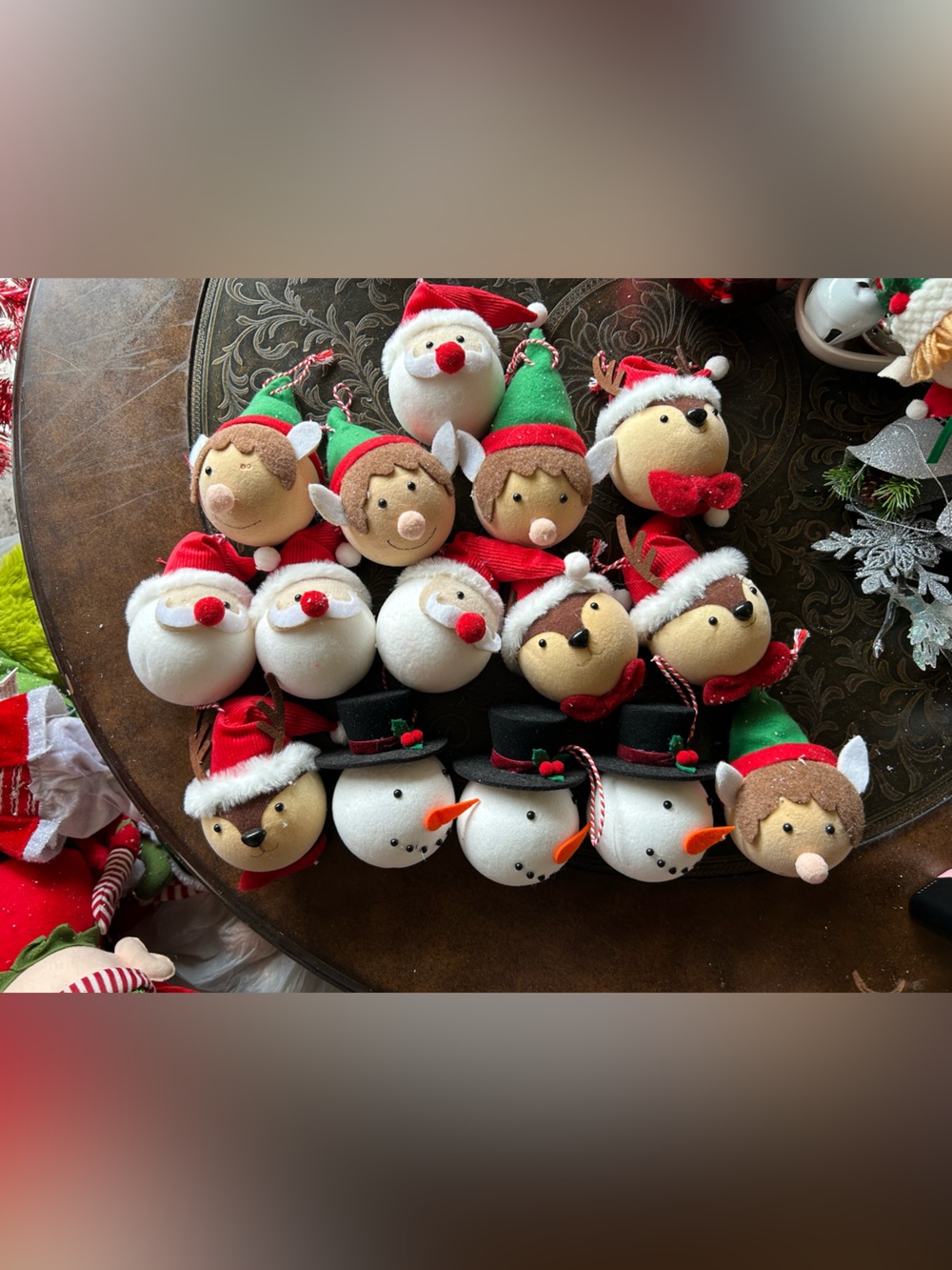 Red Green White Christmas Ornament Plush Faces Set